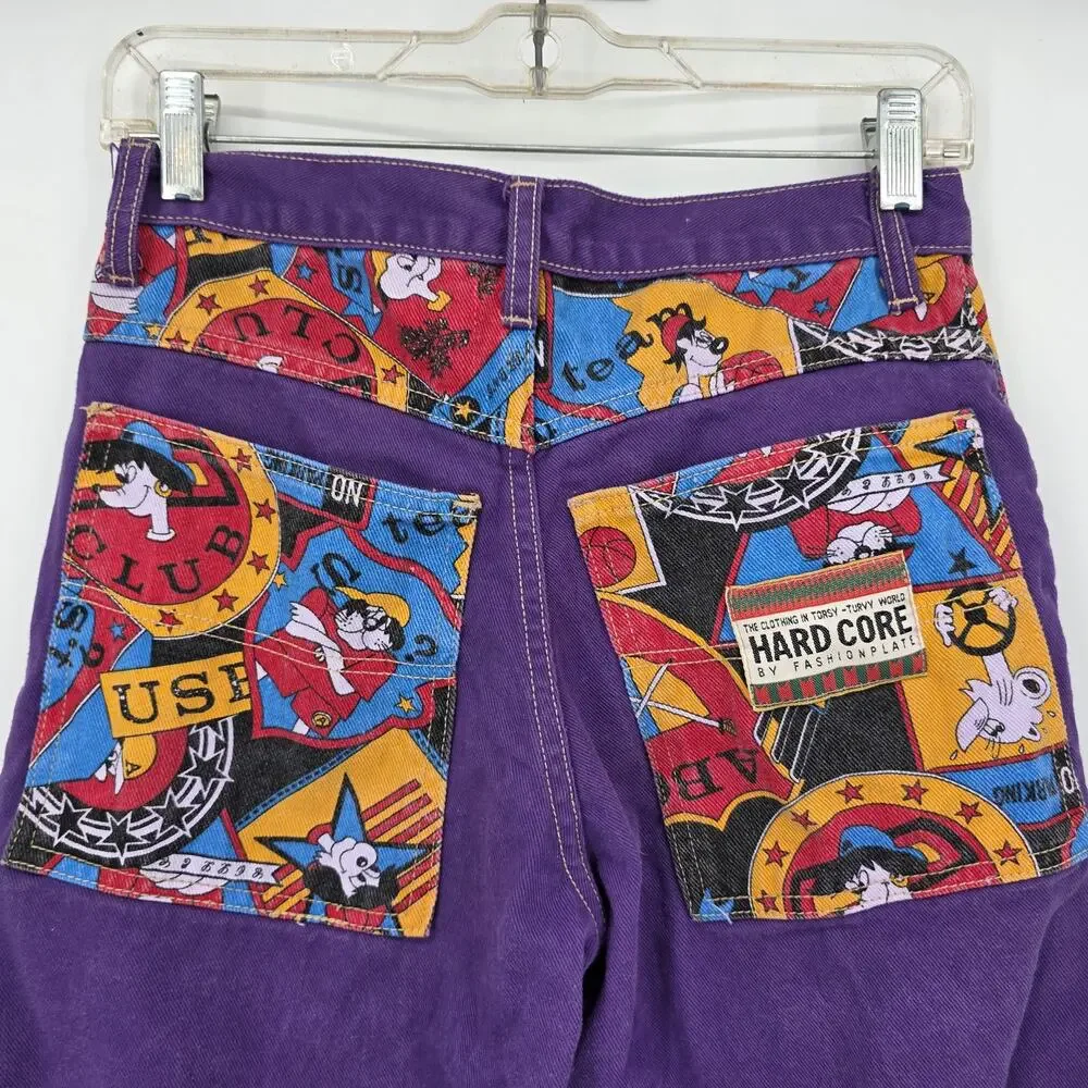 Vintage 90s Hard Core Purple Denim Jeans Cartoon Graphic Pockets 27x28 Y2K Retro